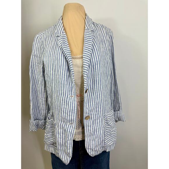Tahari blue and white stripe deconstructed 100 linen jacket  size M - Picture 3 of 7